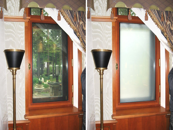 Бронированные окна с отделкой рам натуральным деревом. Использованы пулестойкие стеклопакеты c мгновенно изменямой прозрачностью (Smart стекло).